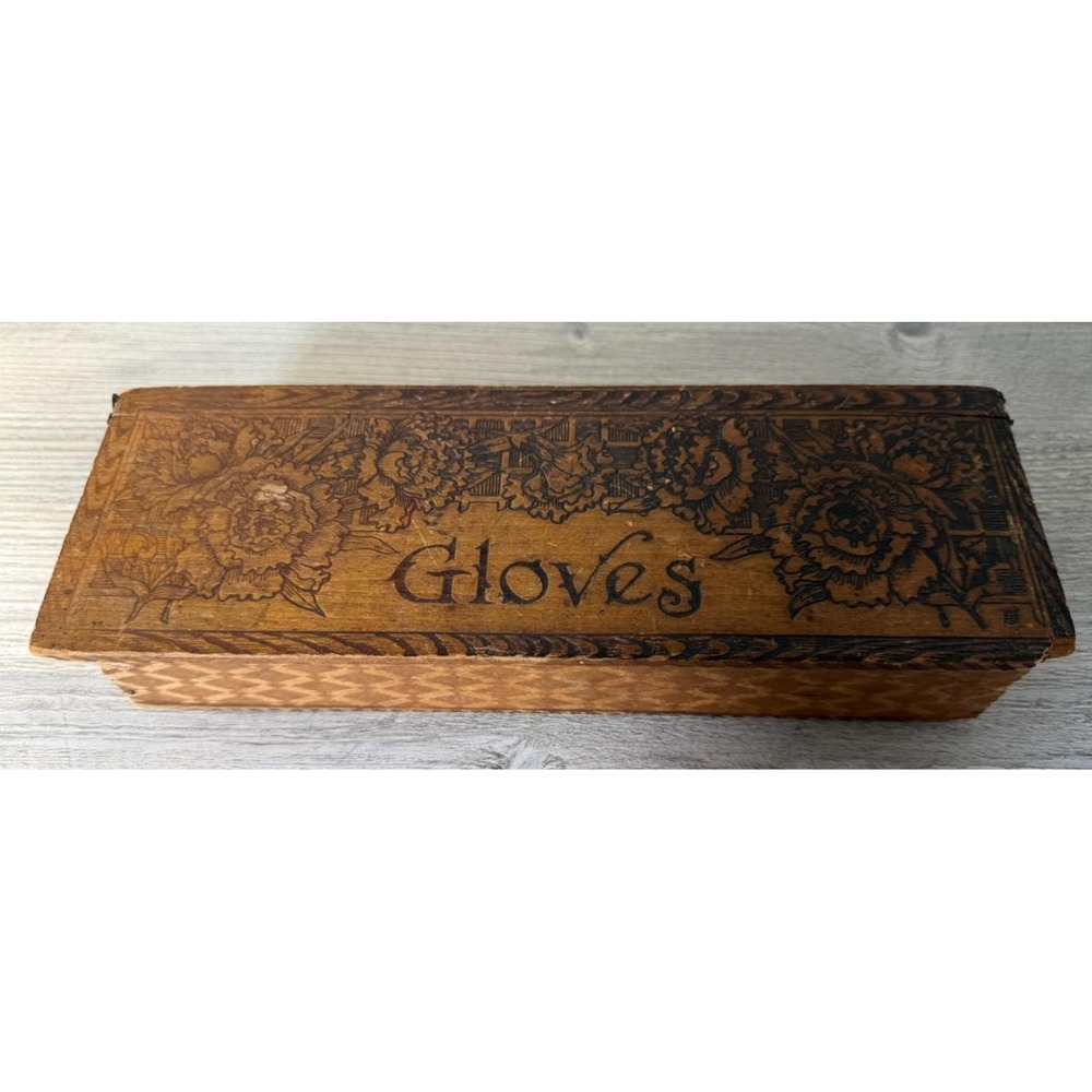 Vintage Pyrography Burnt Wood Glove Hinged Box 10" x 3.5" Wooden